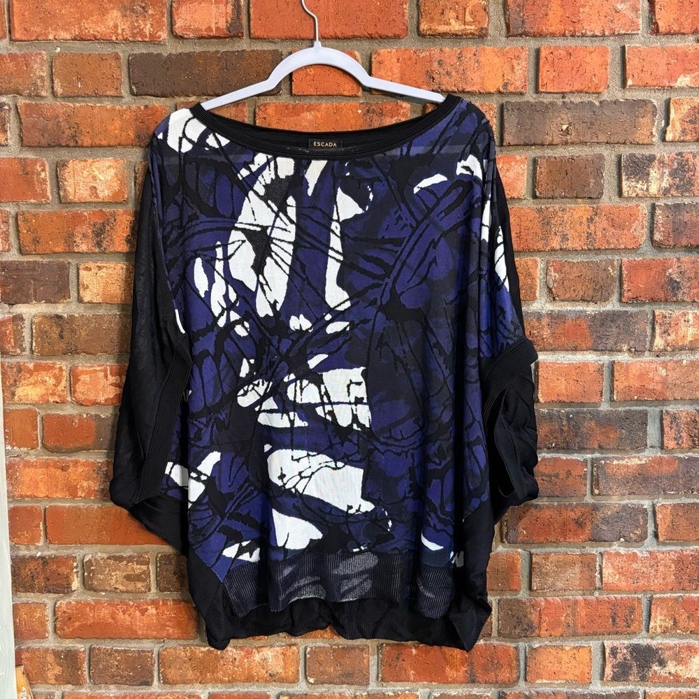 Escada womens abstract avant-garde dolman sleeve top blue/black XL